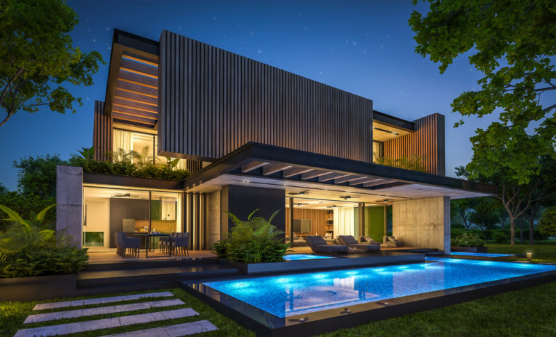 3d rendering of modern house with wood plank facade in night