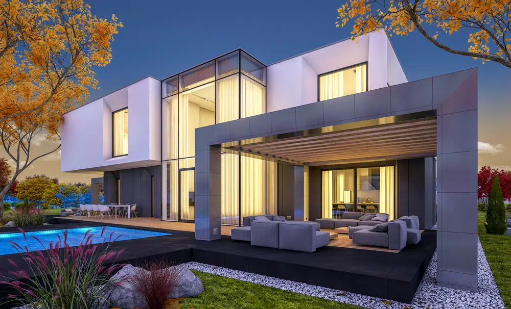 3d rendering of modern house by the river