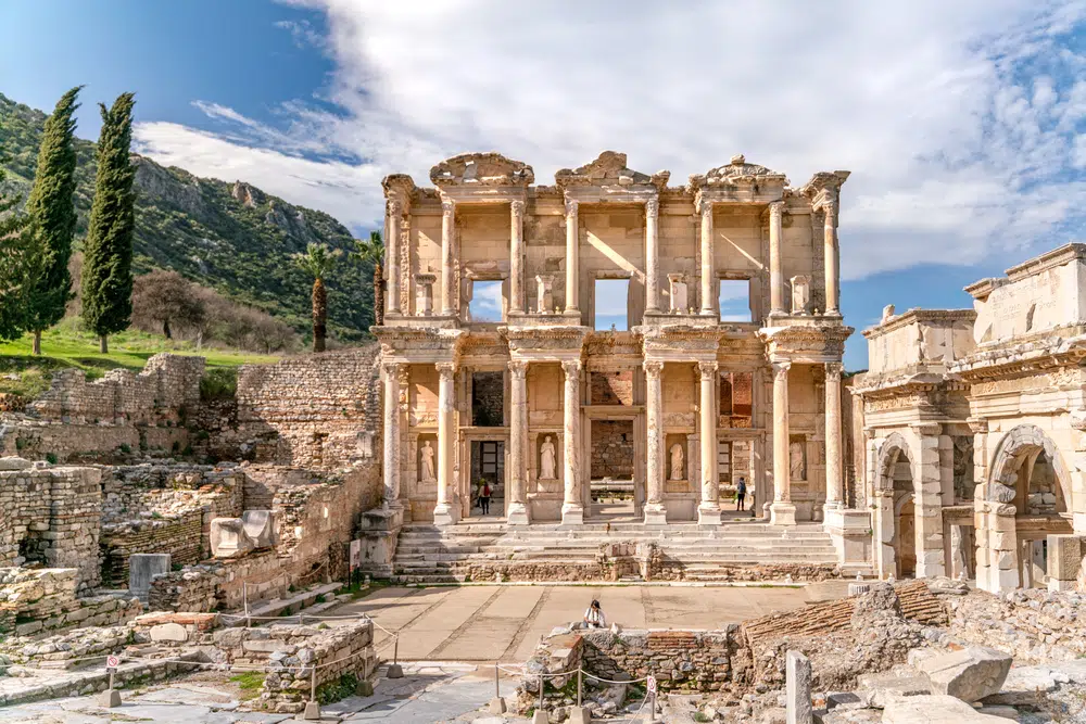 celsus library in ephesus in selcuk (izmir), turkey. marble statue is sophia, goddess of wisdom, at the celcus library at ephesus, turkey. the ruins of the ancient antique city.