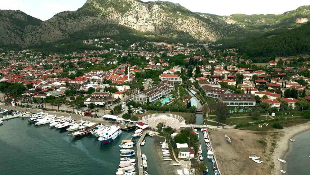 aerial view of the town of gocek and surrounding mountains, turkey