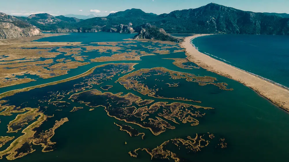 aerial view of iztuzu beach and dalyan river delta, turkey