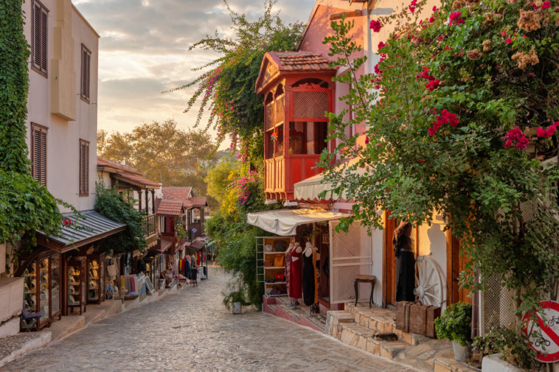 beautiful street in the kas old town with boutique shops at sunset, turkey