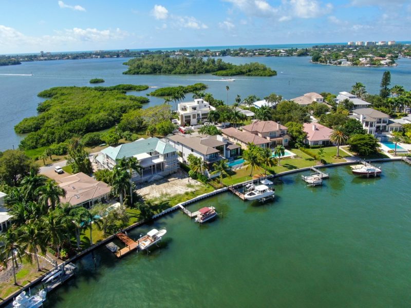 aerial view of bay island neighborhood and luxury villas