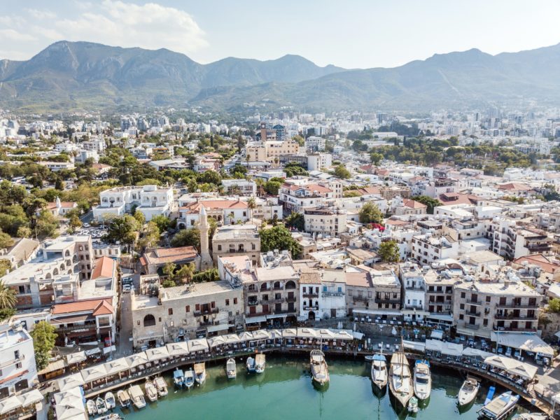 aerial view of sea port and old town of kyrenia (girne) is a city on the north coast of cyprus.