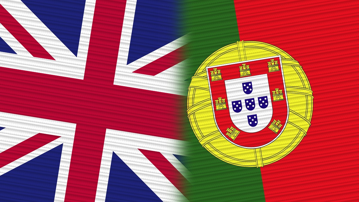 portugal and united kingdom flags together fabric texture backgr