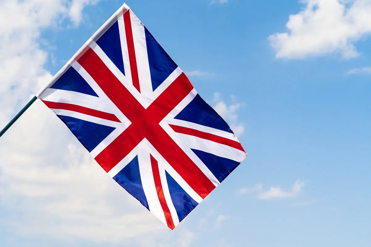 united kingdom flag waving on wind in blue sky