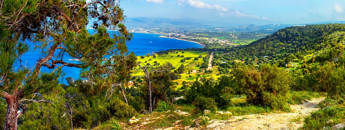 mediterranean landscape, panorama, banner top view from the mountain range on the akamas peninsula near the town of polis, the island of cyprus