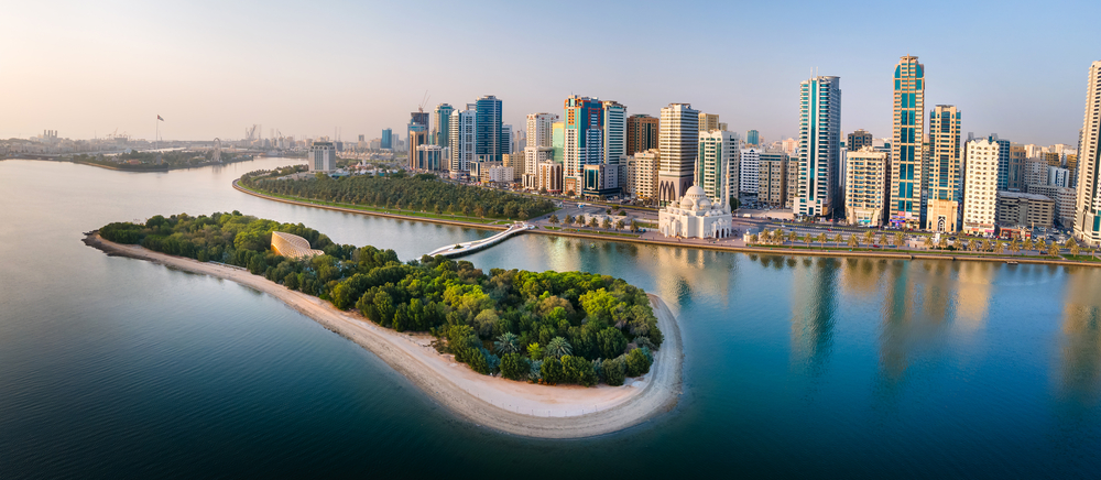 sharjah aerial panorama above al noor island and mosque and down