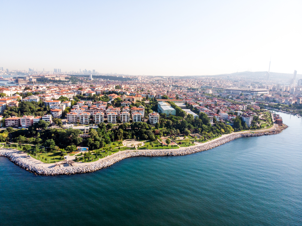 aerial drone view of kadikoy moda seaside in istanbul