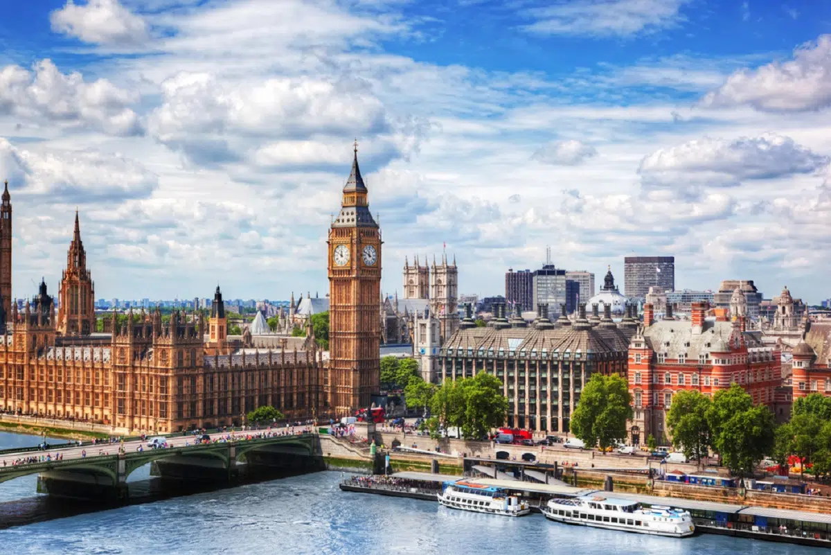 big ben, westminster bridge on river thames in london, the uk. sunny day