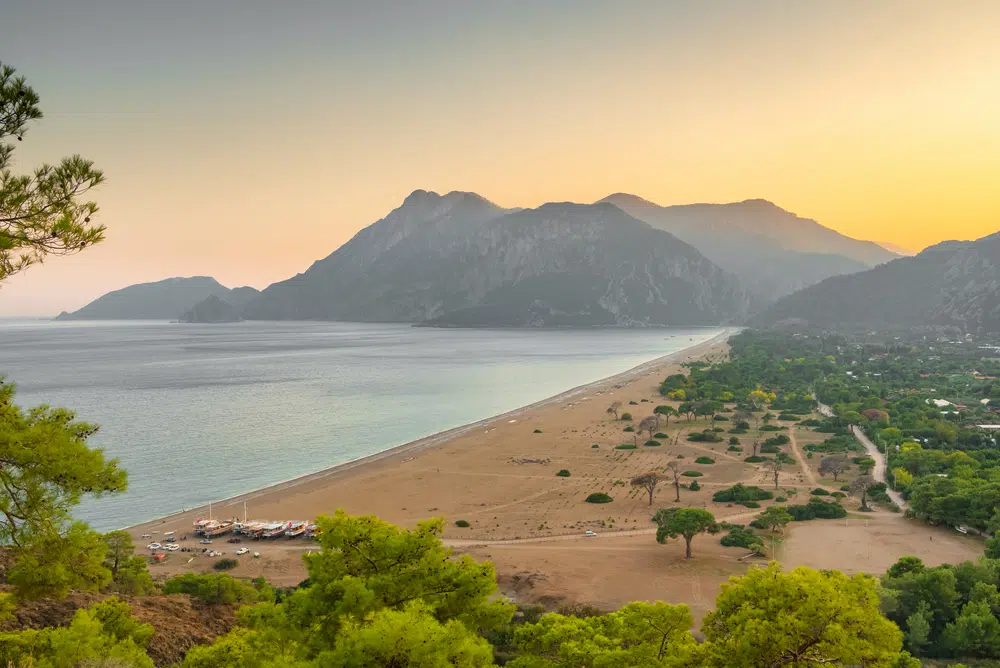 beautiful sunset view of the cirali olympos beach at mediterranean sea, antalya, turkey