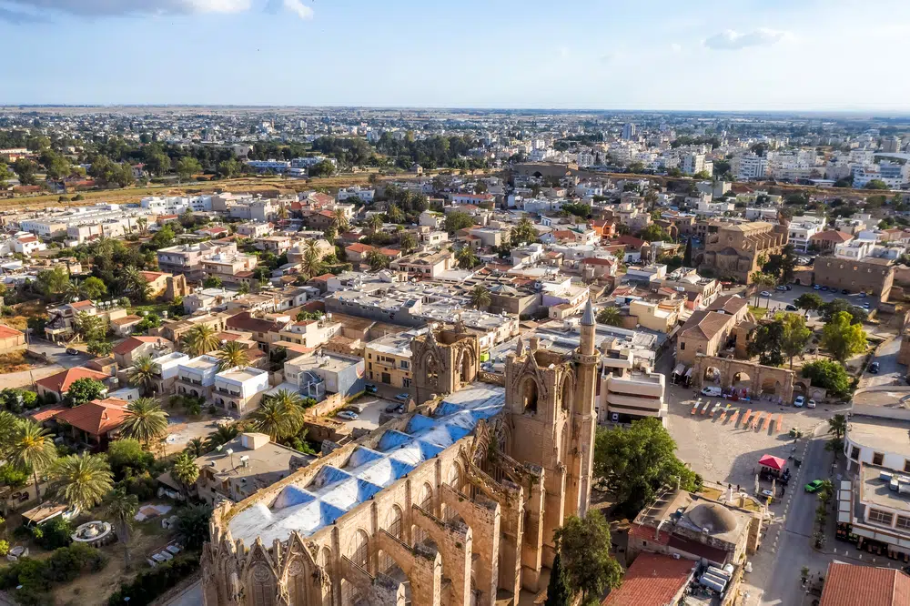 famagusta cityscape with lala mustafa pasha mosque. famagusta district, cyprus