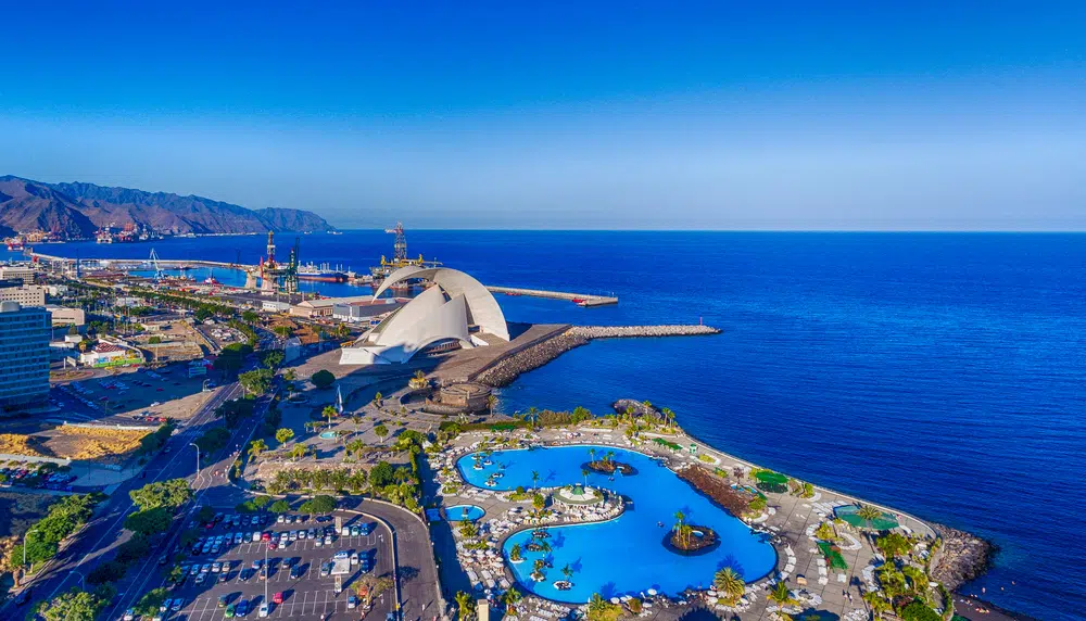 aerial view of santa cruz de tenerife skyline along the coast, c