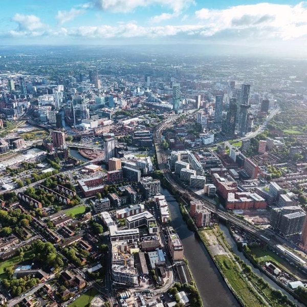 aerial view of manchester city in uk