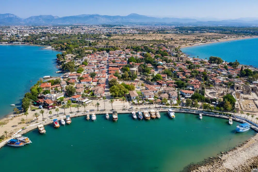 aerial view of side antique city . side old town amphitheater. s